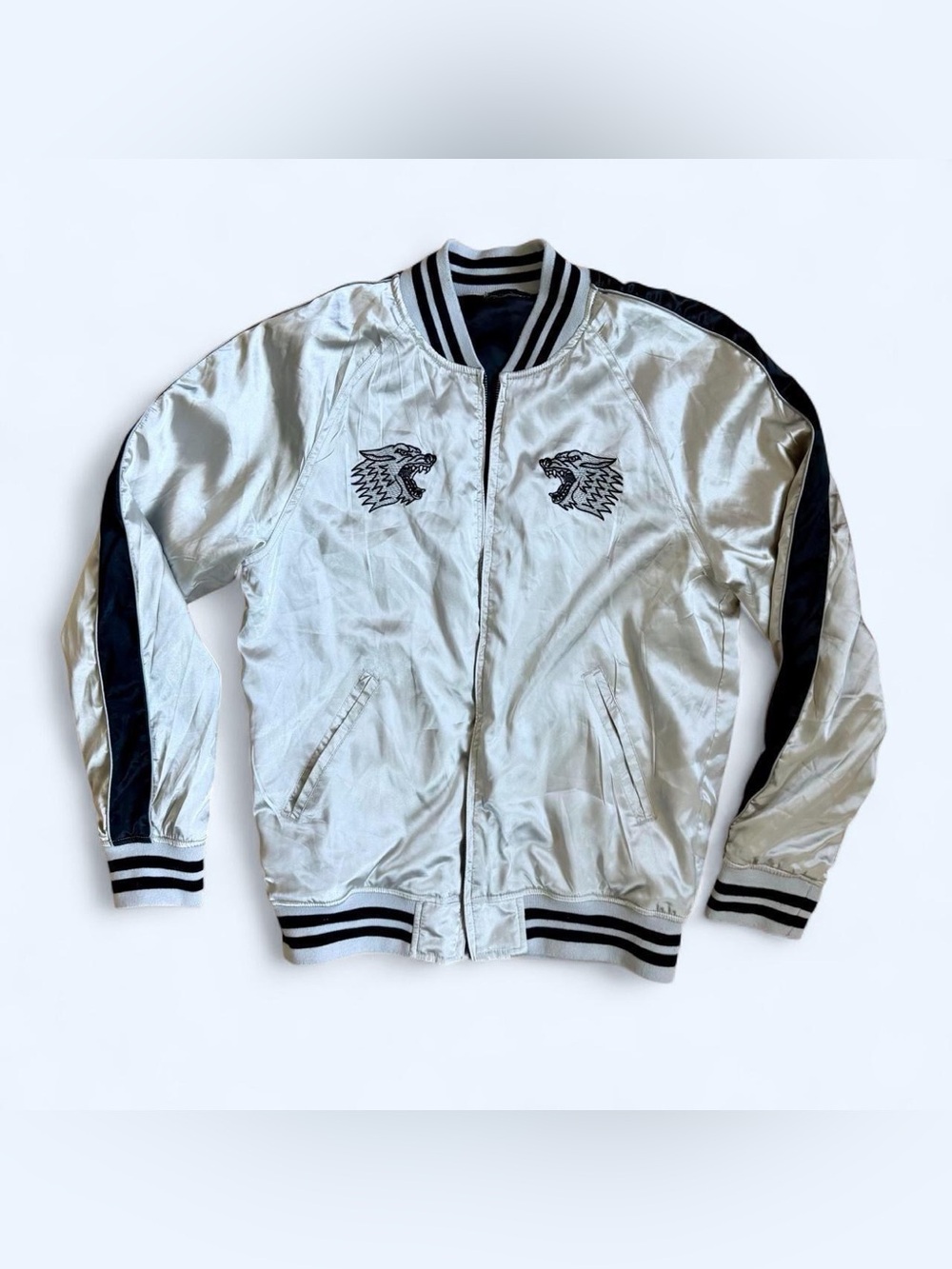 PacSun Reversible Souvenir Bomber Jacket Wolf Eagle Tattoo Embroidered Oversized